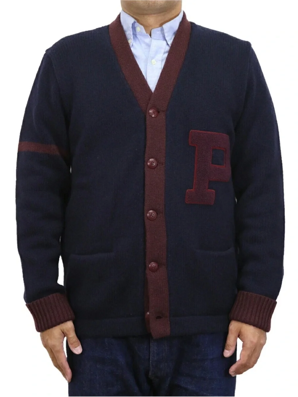 Polo by Ralph Lauren Navy Cardigan with Burgundy Trim and 'P' Patch